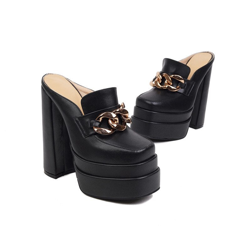 Chain Detail Chunky Heel Platform Mules