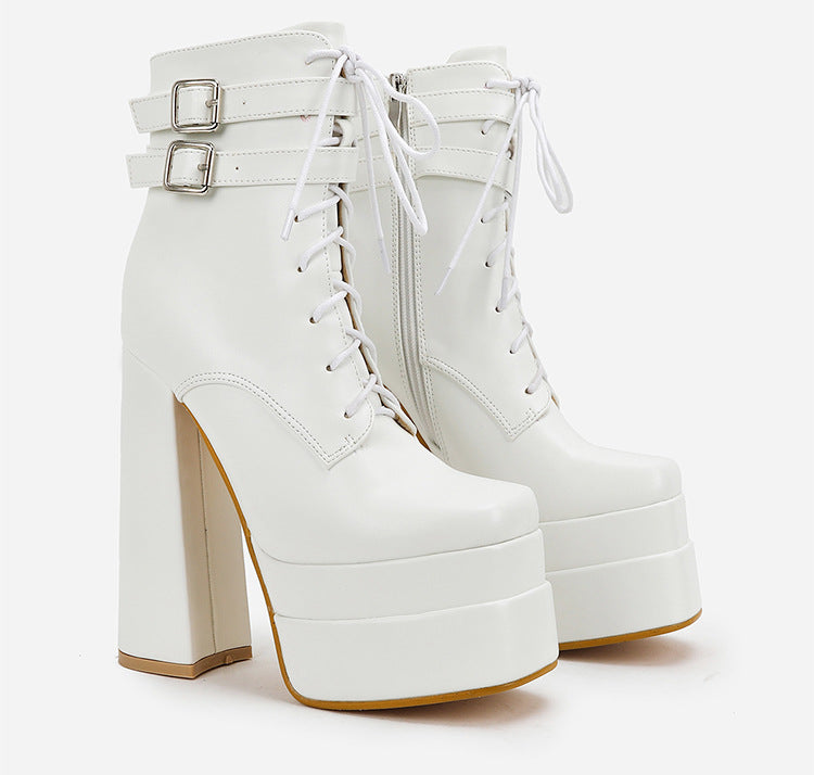 Lace-Up Block Heel Platform Mid-Calf Boots