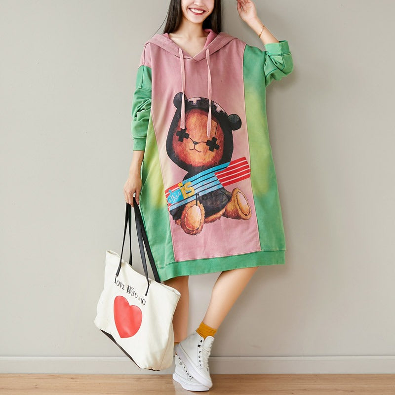 Contrast Cartoon Print Hooded Knitted Denim Dress