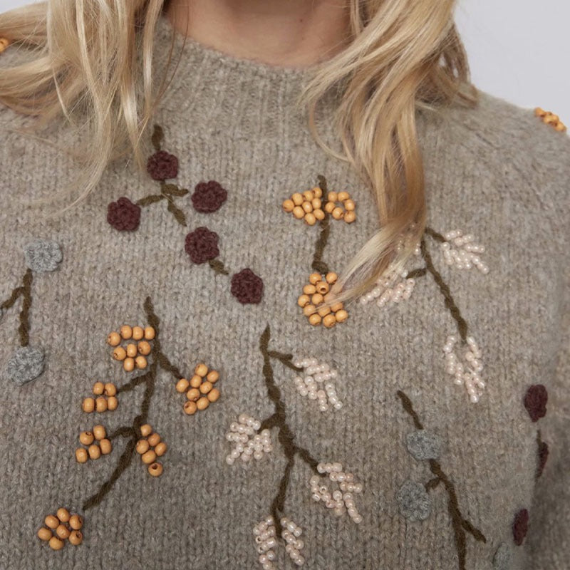 Beaded Embroidery Balloon Sleeve Sweater