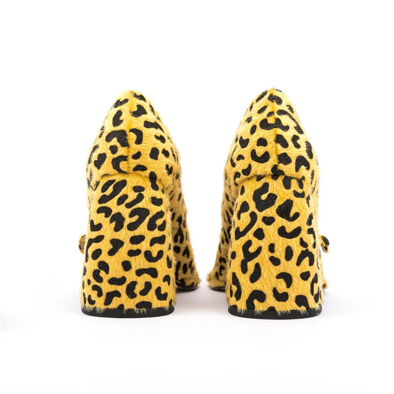 Leopard Square Toe Block Heel Shoes