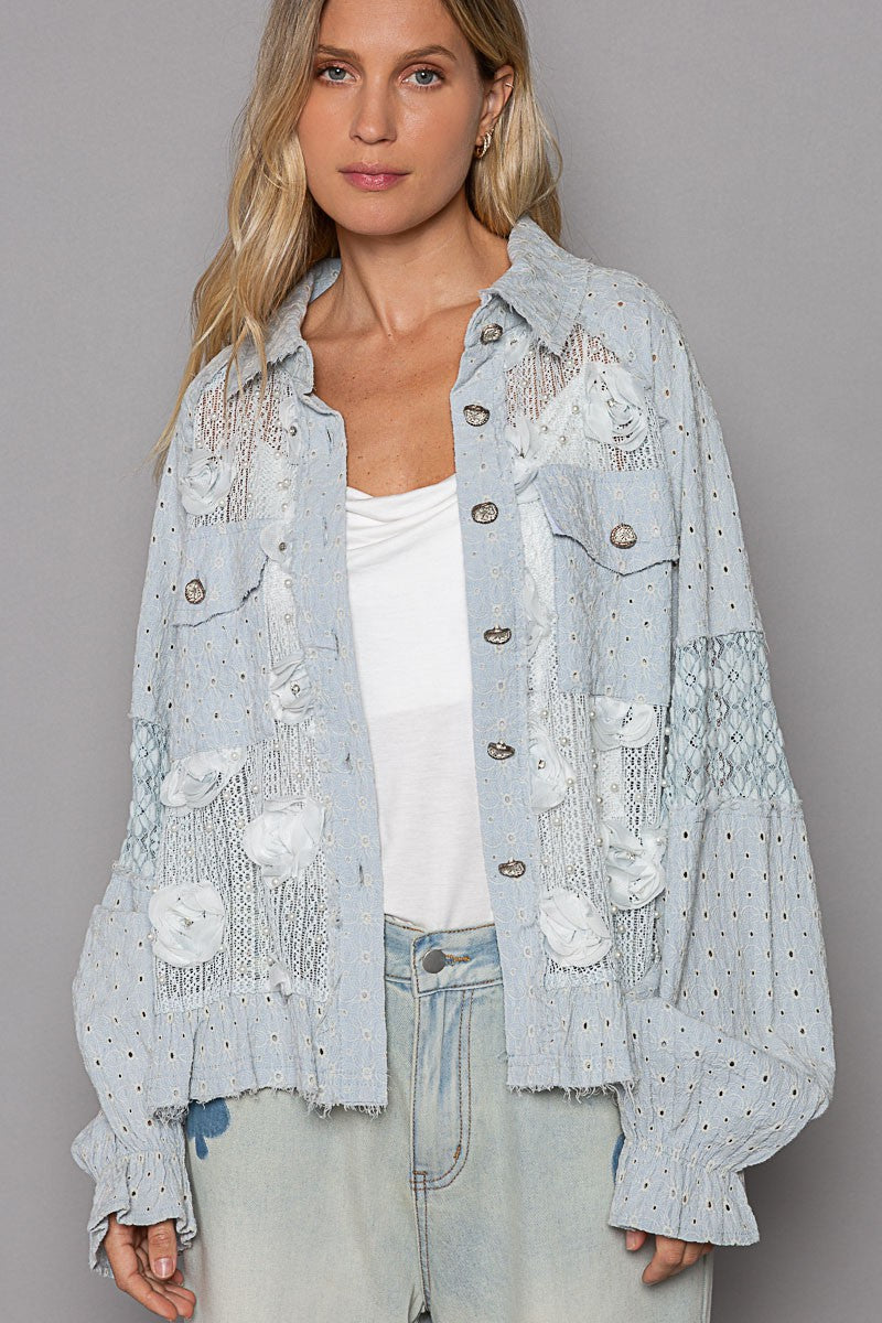 Eyelet Flower Pearl Detail Lace Patchwork Shirt