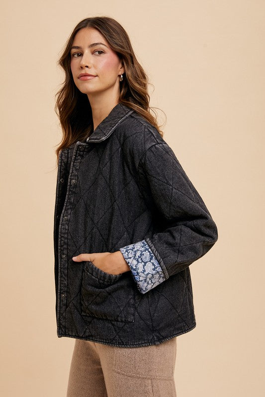 Quilted Printed Lining Snap Down Denim Jacket