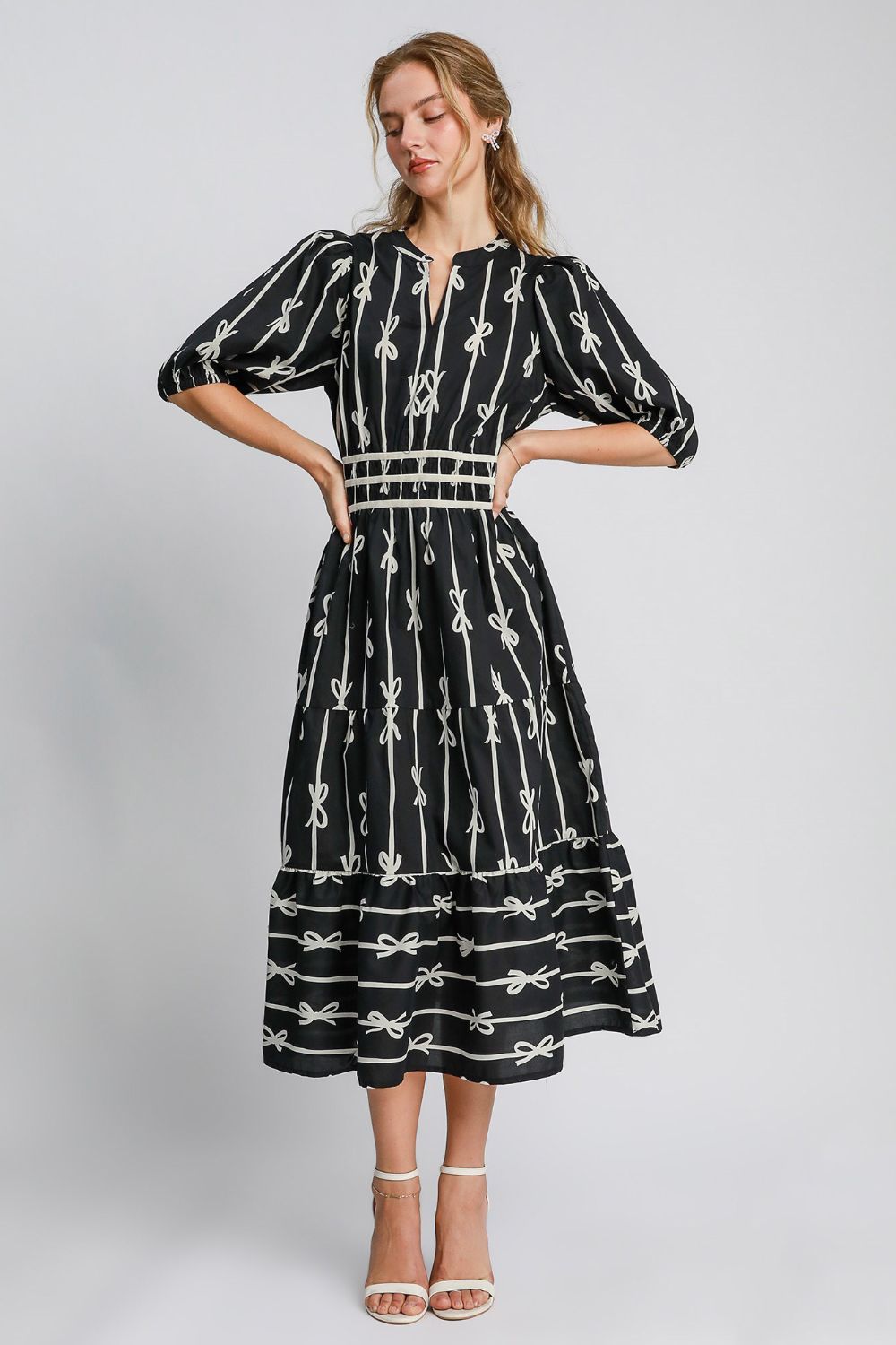 Bow Tie Print Notched Contrast Velvet Trim Midi Dress