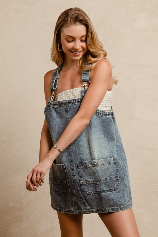 Washed Adjustable Strap Denim Overall Dress