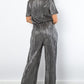 Surplice Short Sleeve Pleated Foil Jumpsuit