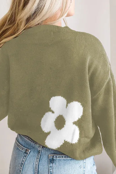 Round Neck Floral Pattern Long Sleeve Sweater