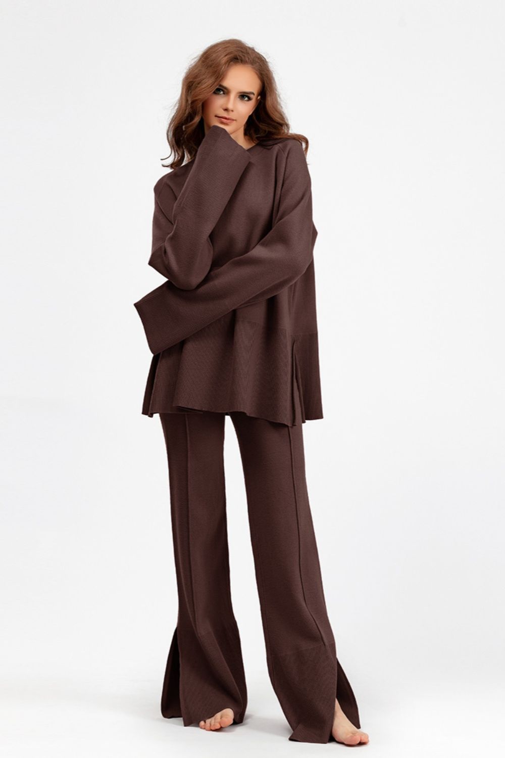 Slit Round Neck Long Sleeve Top and Drawstring Pants Sweater Set