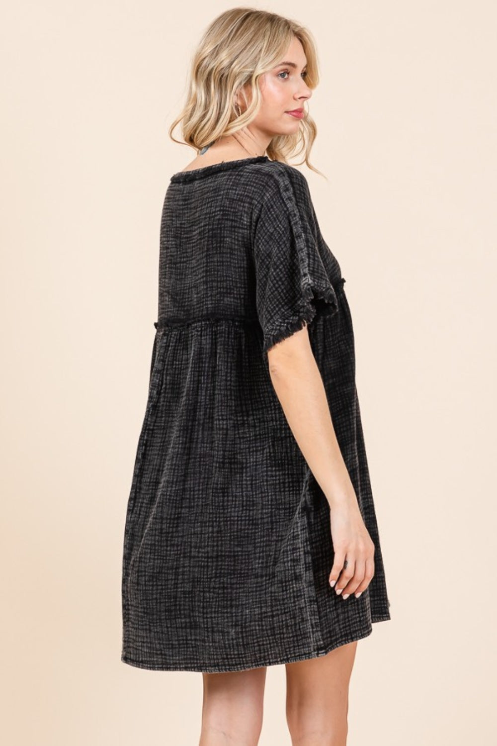 Short Sleeve Babydoll Texture Dress with Pockets