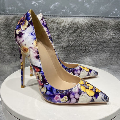 Glossy Painted Flowers Print Pointed Toe Stiletto Pumps