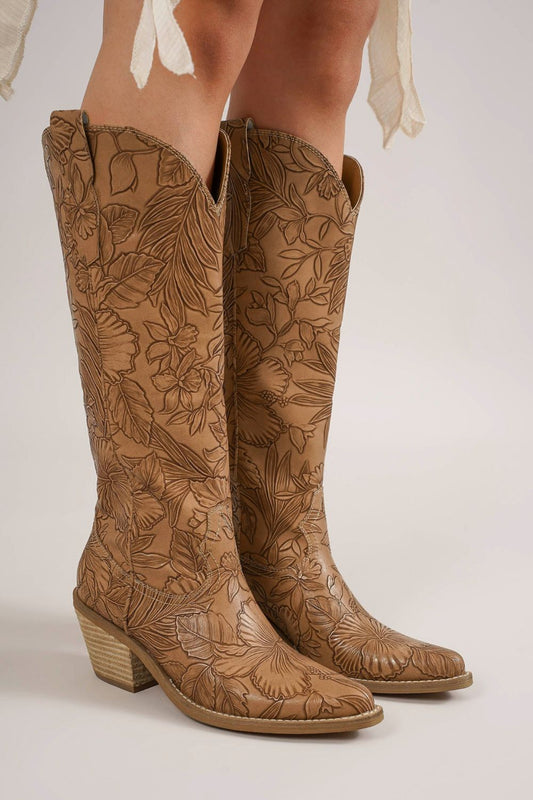 Embossed Floral Point Toe Block Heel Boots