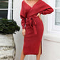 Surplice Neck Bow Waist Slit Sweater Dress