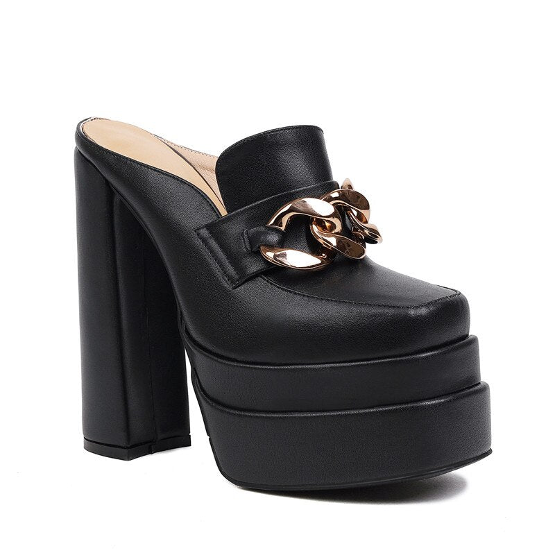 Chain Detail Chunky Heel Platform Mules