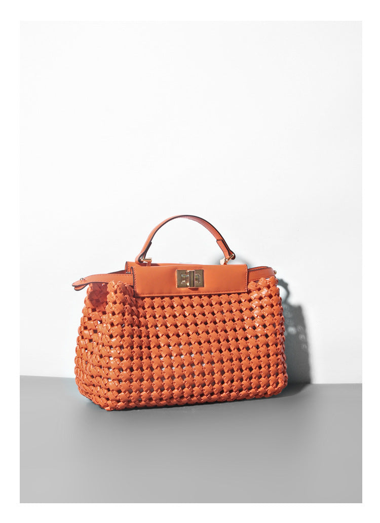 PU Woven Hollow Out Shoulder Handbag