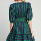 Ribbon Print Frill Contrast Velvet Trim Half Sleeve Dress