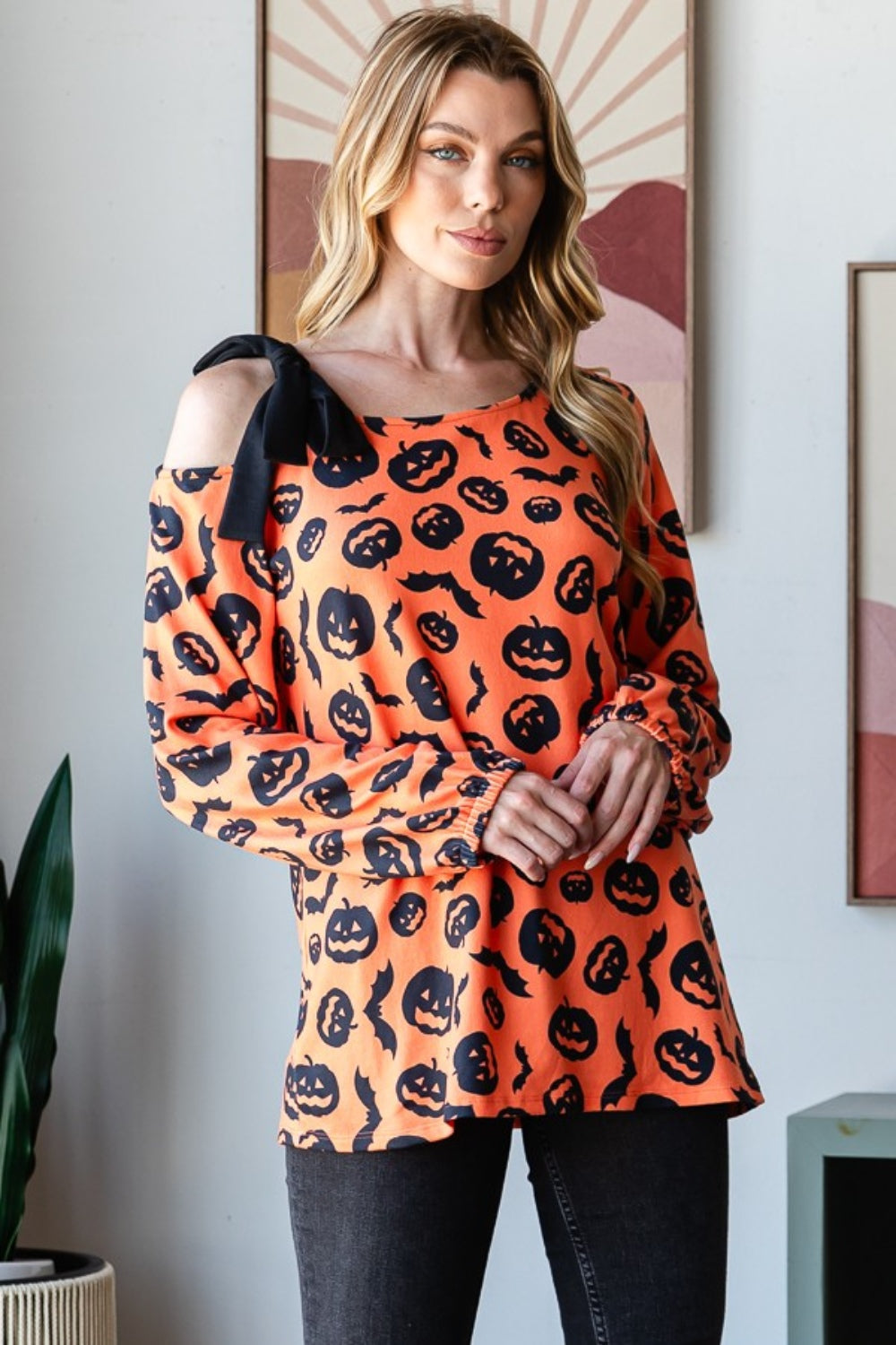 Pumpkin Print One Shoulder T-Shirt