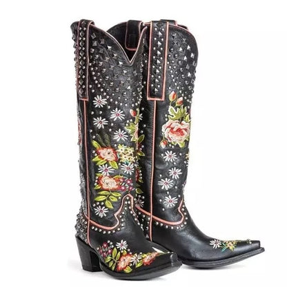 Ethnic Style Studded Pointed Toe Knee-High Boots