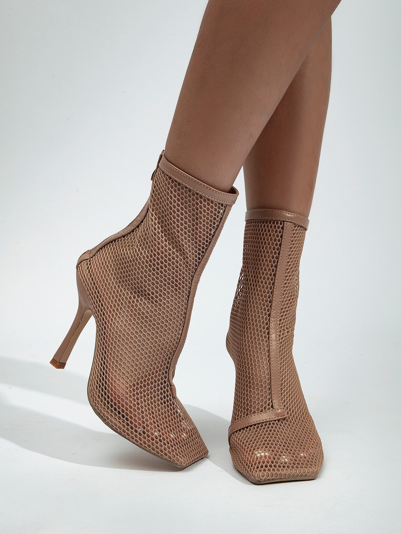 Mesh Netted Square Toe Stiletto Ankle Boots