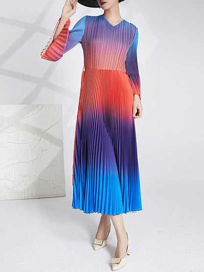 Miyake Pleated Gradient V-Neck Midi Dress