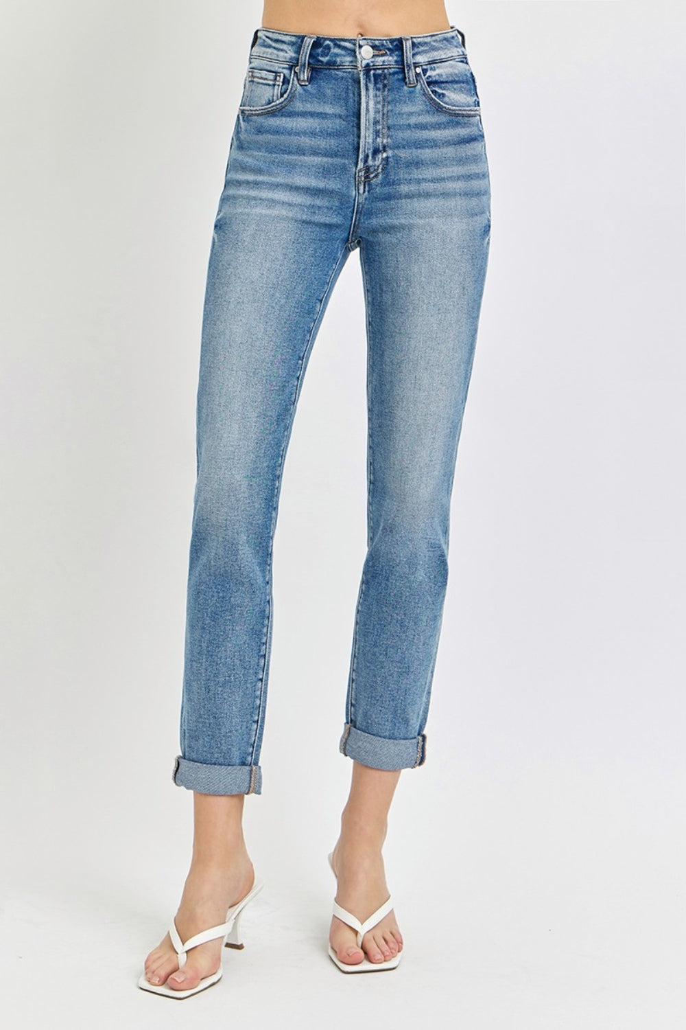 Risen High Rise Cropped Roll Up Jeans