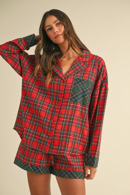 Contrast Plaid Long Sleeve Top and Shorts Set