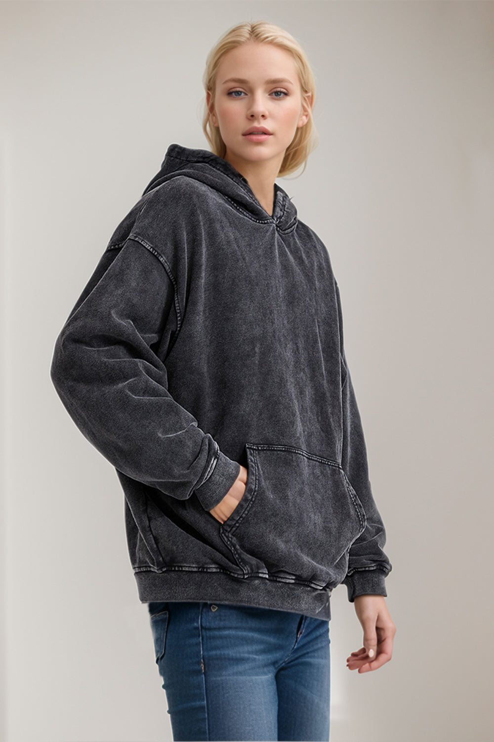 Drop Shoulder Long Sleeve Hoodie with Kangaroo Pocket