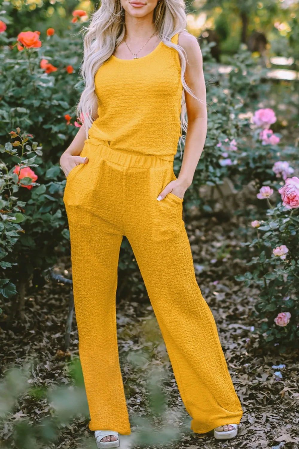 Textured Round Neck Top and Wide Leg Pants Set