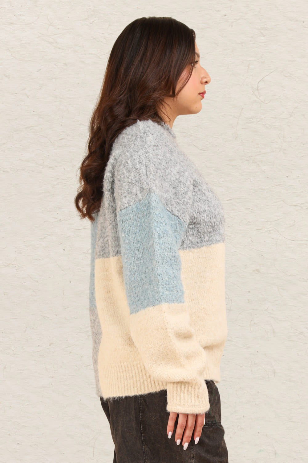 Color Block Mock Neck Drop Shoulder Sweater