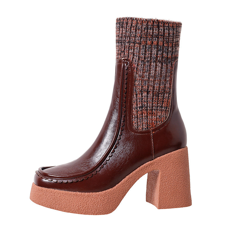 Genuine Leather Chunky High Heels Ankle-Length Boots