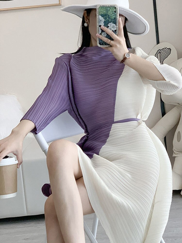 Miyake Pleated Contrast Half High Collar Dress with Belt