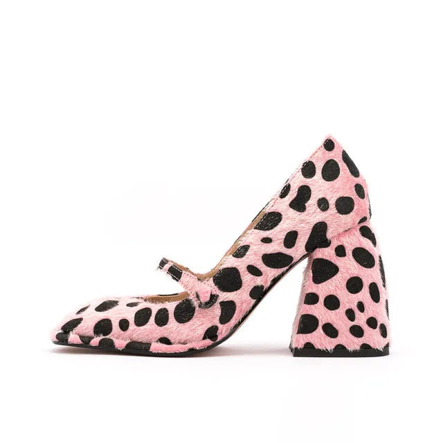 Leopard Square Toe Block Heel Shoes