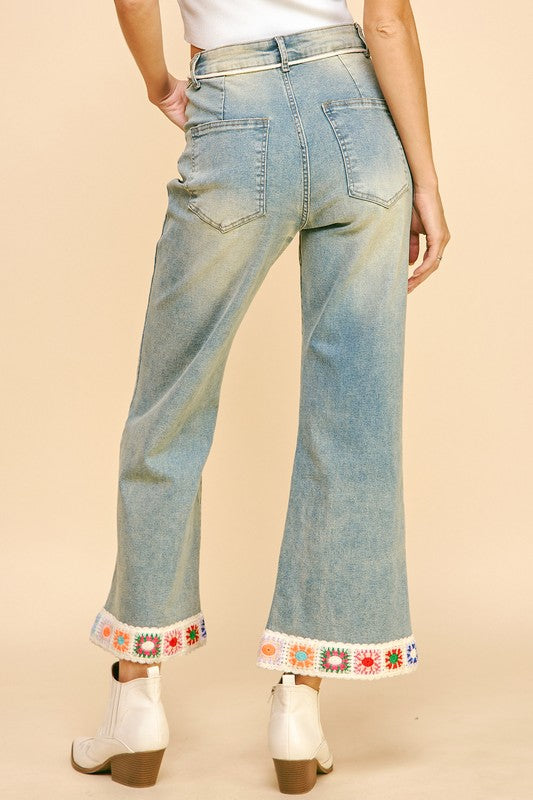 Crochet Trim Flare Jeans with Pockets