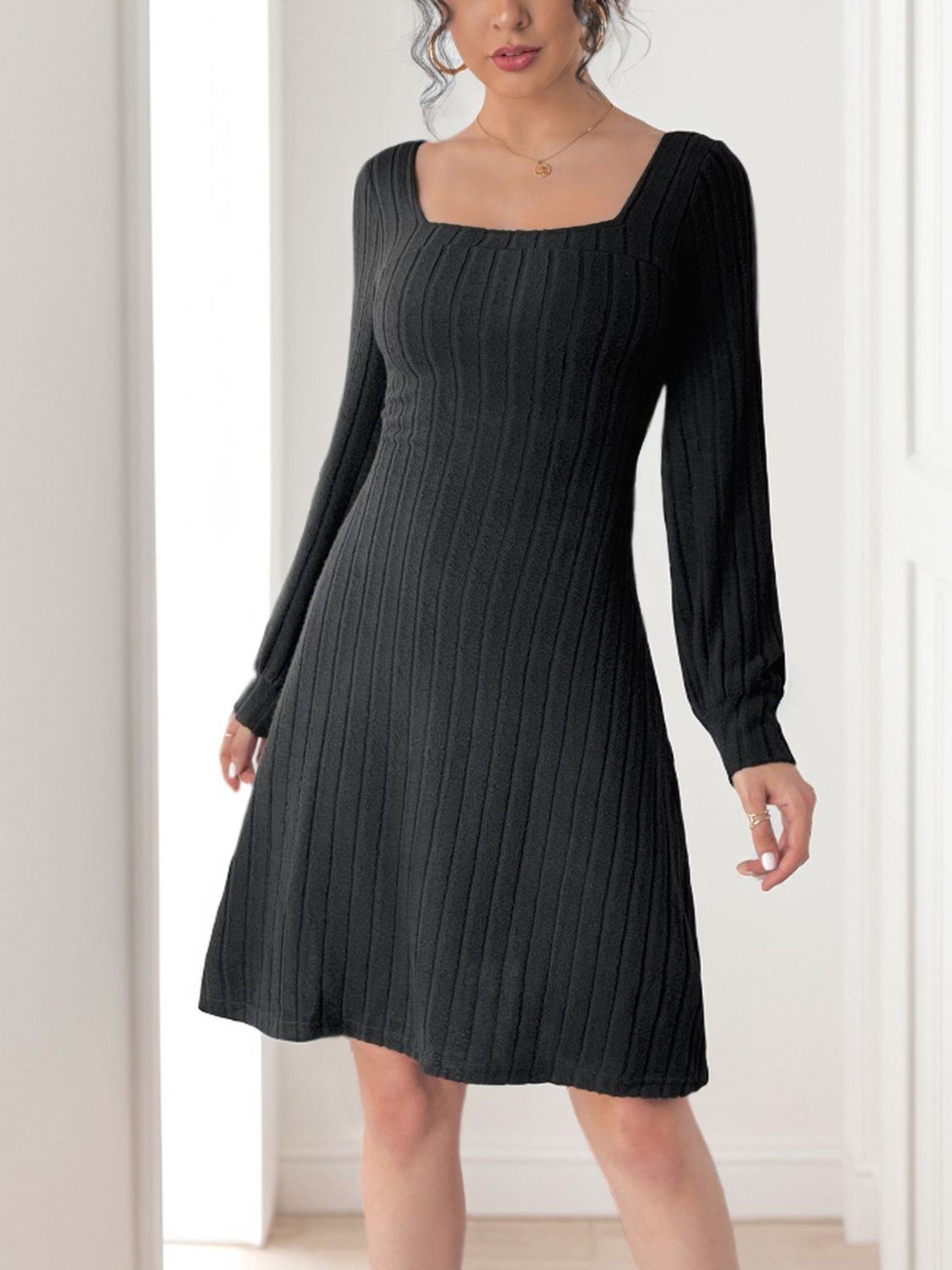 Butterfly Square Neck Long Sleeve Dress