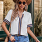 Contrast Stripes Notched Short Sleeve Blouse