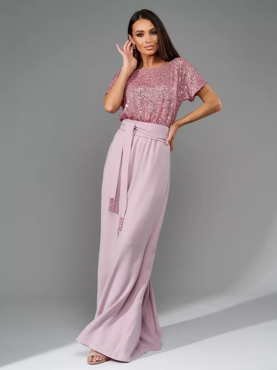 Sequin Round Neck Short Sleeve Wide Leg Jumpsuit