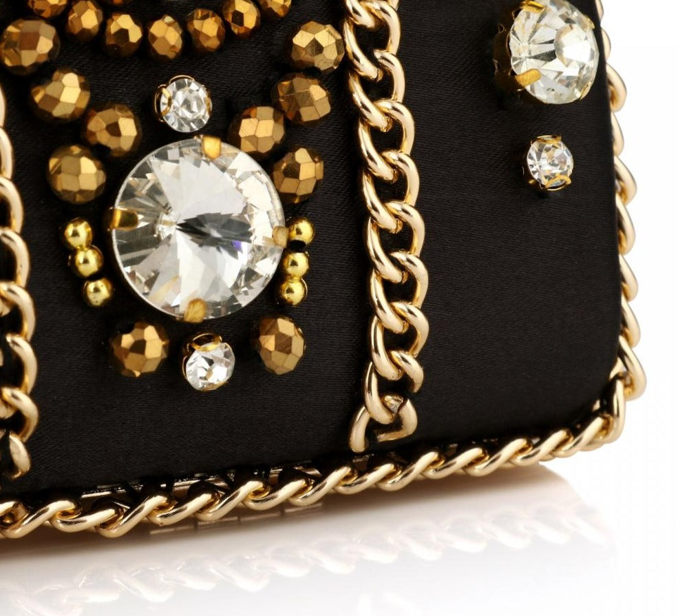 Black Satin Beaded Rhinestone Clutch Bag