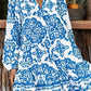 Ruffled Printed Notched Long Sleeve Dress