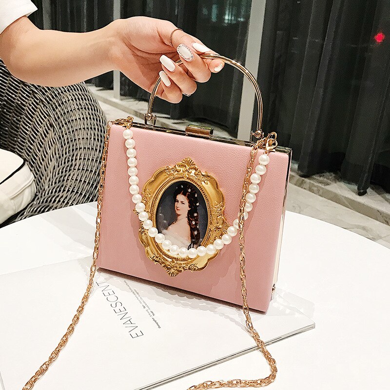 Portrait Faux Pearl Metal Handle Shoulder Bag