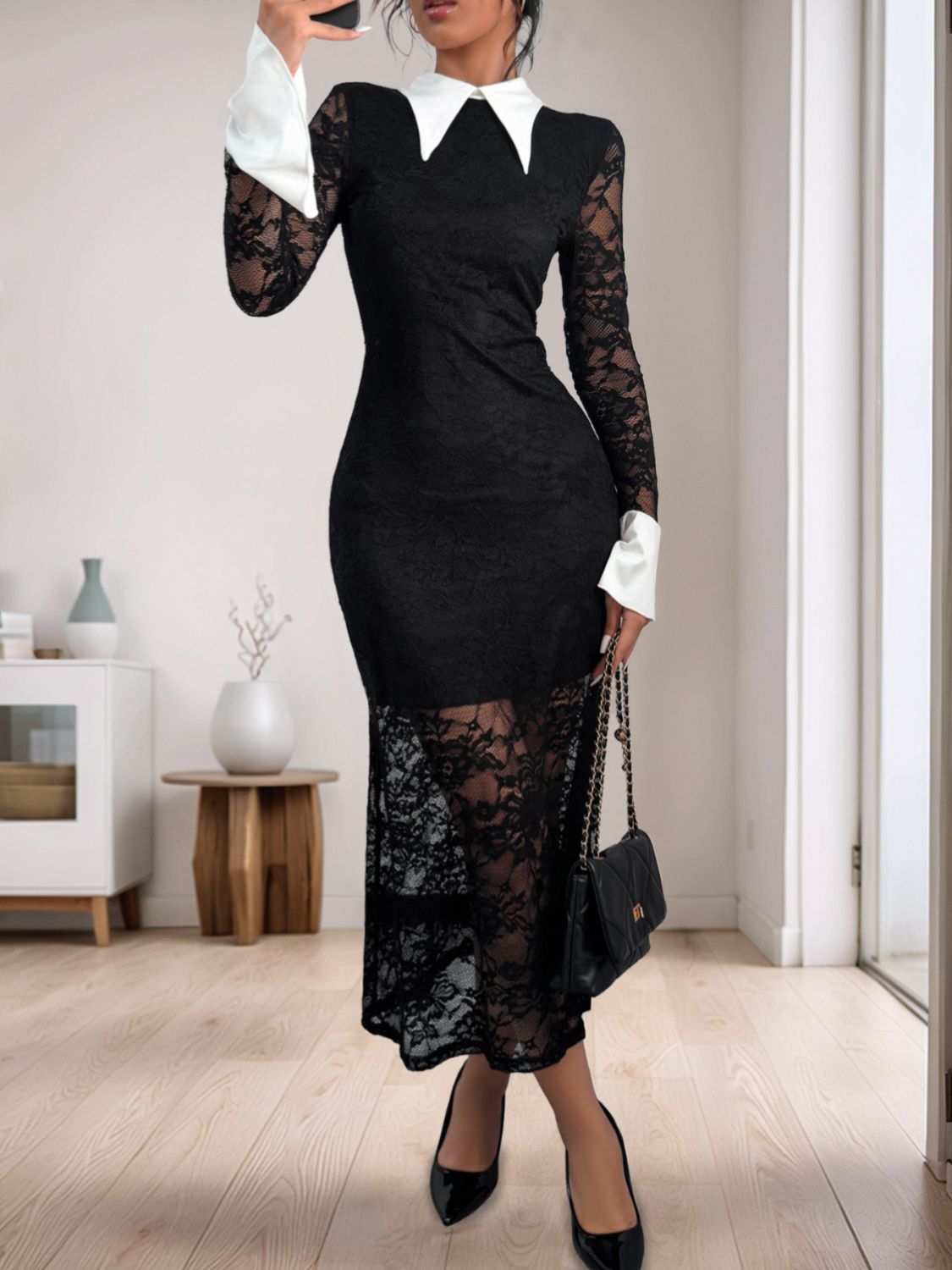 Lace Contrast Collared Neck Long Sleeve Midi Dress