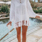 Openwork Tassel Hem Long Sleeve Knit Cover Up