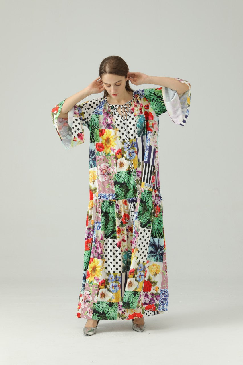 Floral Tie-Neck Flare Sleeve Maxi Dress