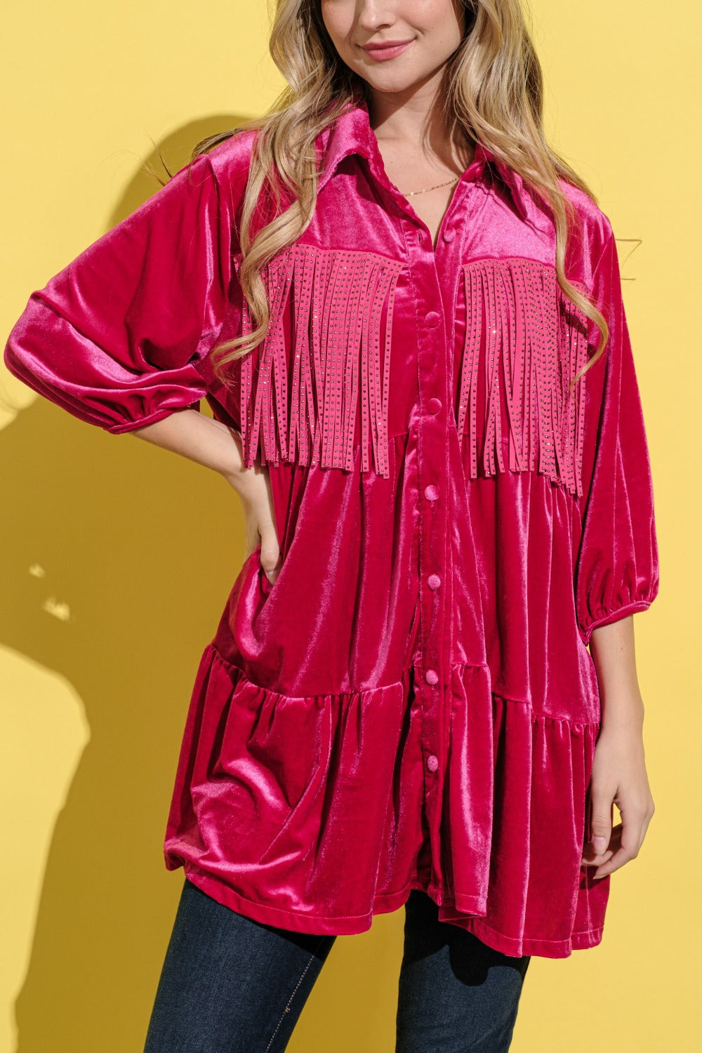 Fringe Detailed Velvet Shirt Dress