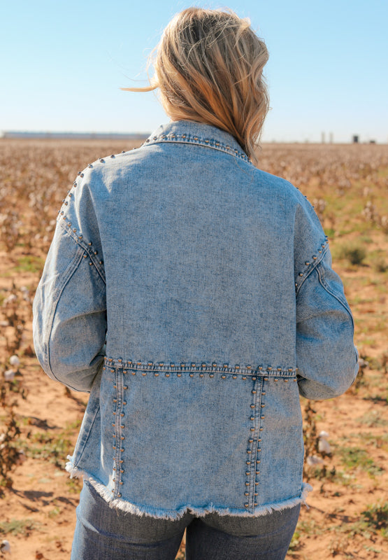 Studded Acid Wash Long Sleeve Denim Jacket