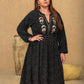 Plus Size Embroidered Polka Dot Notched Long Sleeve Dress