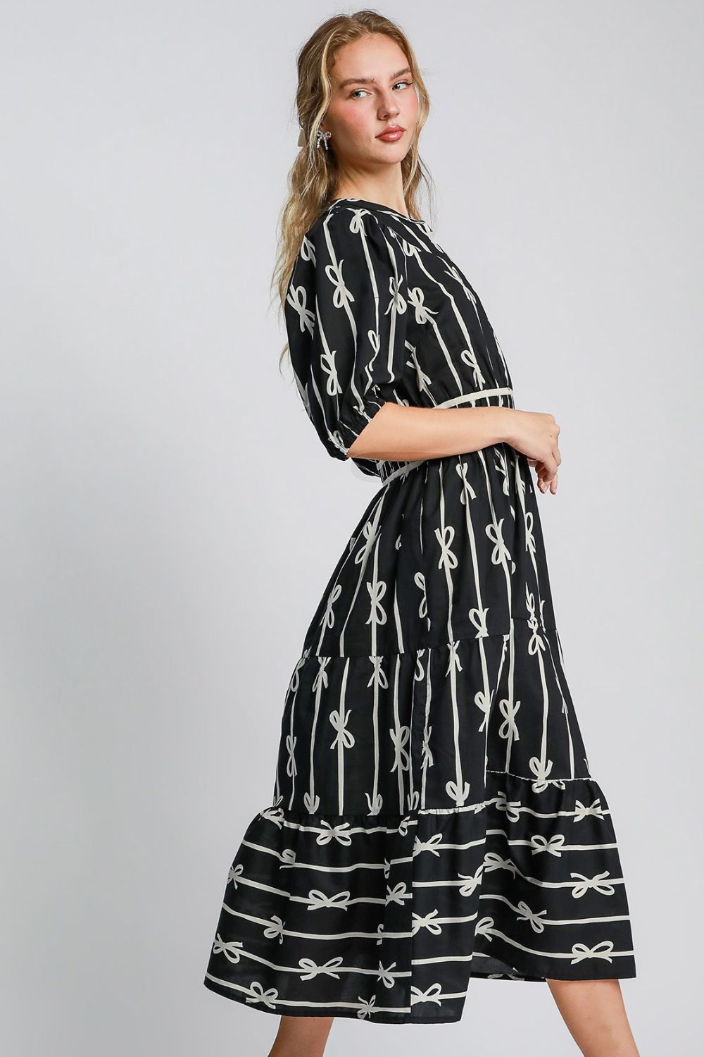 Bow Tie Print Notched Contrast Velvet Trim Midi Dress