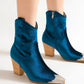 Velvet Block Heel Boots with Side Zippers