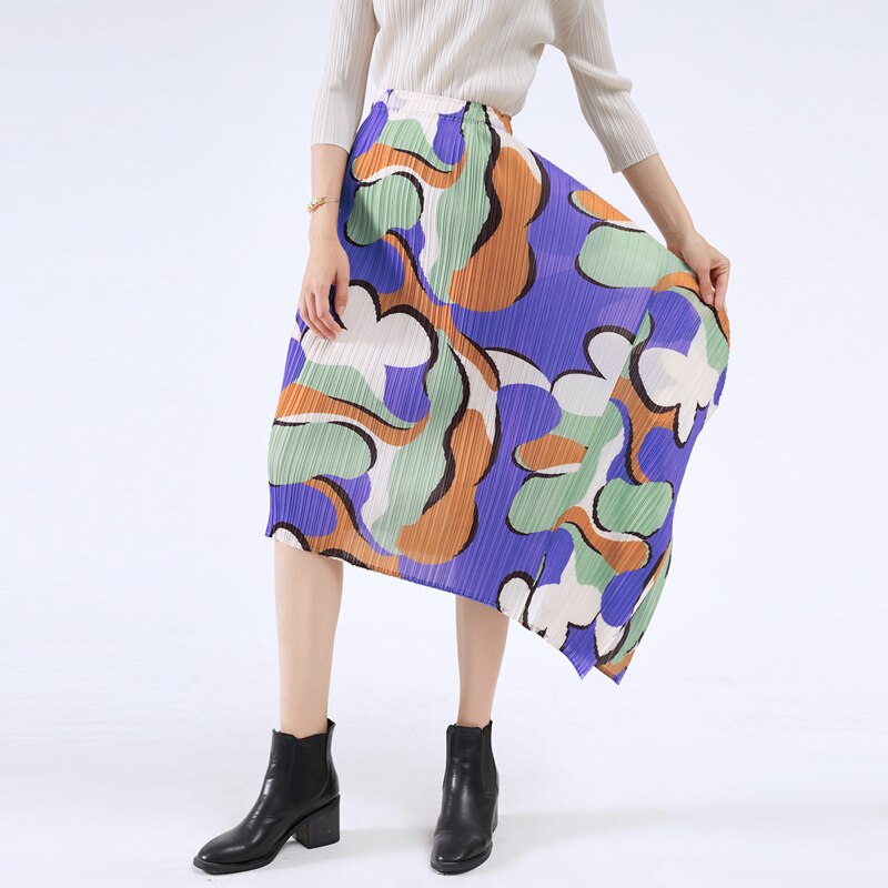 Miyake Pleated Floral Print Asymmetrical Skirt