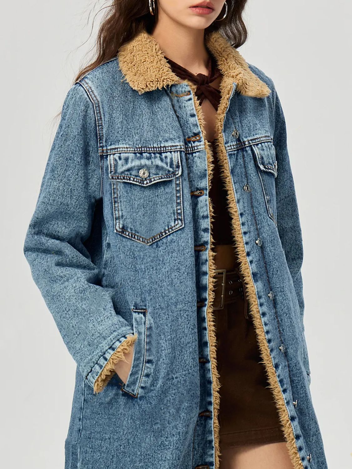 Pocketed Button Up Denim Jacket with Fur Lining