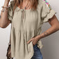 Embroidered Tie Neck Short Sleeve Blouse