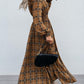 Slit Plaid Tie Neck Long Sleeve Maxi Dress